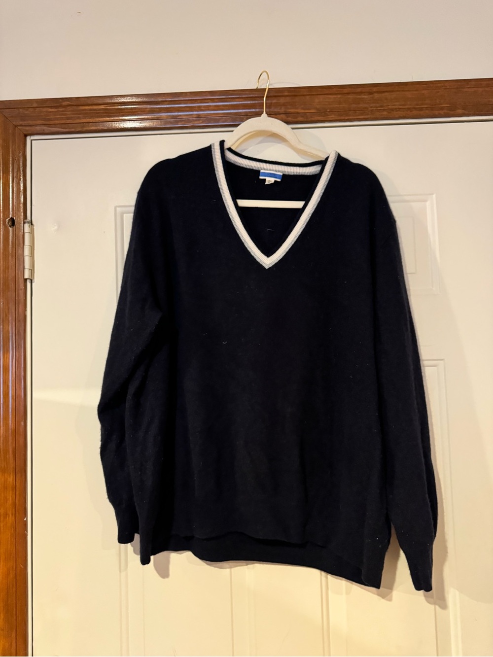 J. Crew Cashmere Navy V-Neck Sweater with Cream Contrast Trim